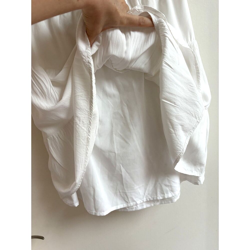 White Cutout Ruffle Mini Sundress S Rayon Smock Tier Flutter Boho Resort Bridal - Picture 5 of 11